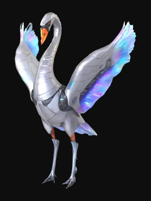 3D model for Cyberpunk synth‑swan creature, sleek metallic feathers in chrome and holographic hues, graceful neck posture, embedded glowing circuits, avant‑garde bio‑mecha bird