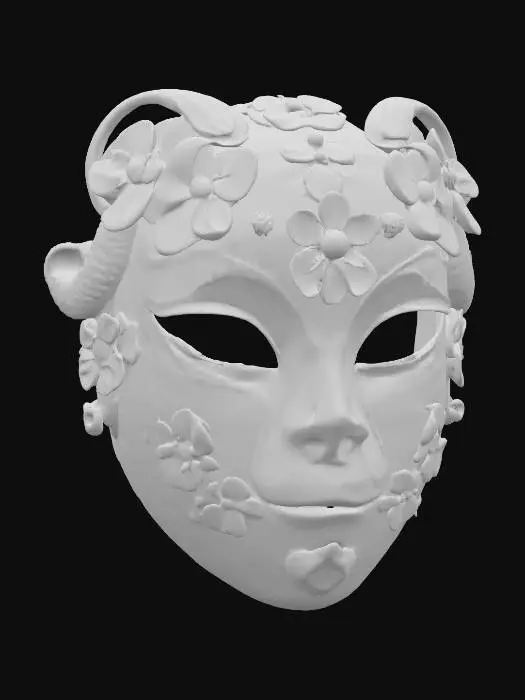 3D model for A shiny Geisha metal mask with beautiful detailed flower styling. The flowers are in various metal color hues, reds, blues, greens. 