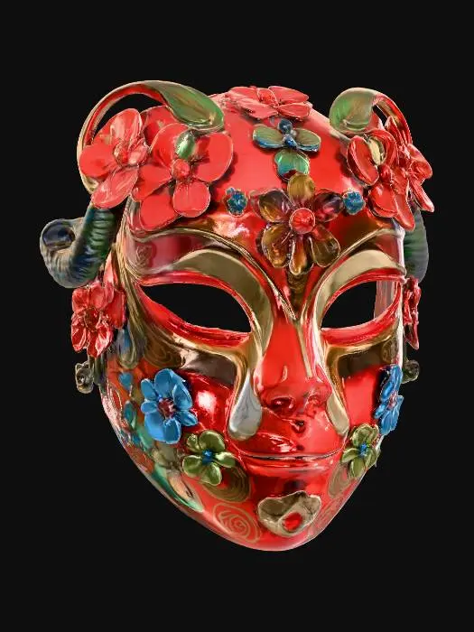 3D model for A shiny Geisha metal mask with beautiful detailed flower styling. The flowers are in various metal color hues, reds, blues, greens. 