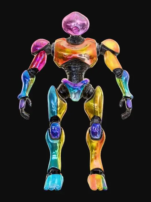 3D model for A sleek, bipedal robot with a refined, almost sculpted form, meticulously pieced together from polished shards of rainbow stained glass. Its surface is surprisingly smooth to the touch, with the edges of each colorful fragment seamlessly joined. An internal light source illuminates its translucent body, casting vibrant hues and intricate patterns, making it appear as a moving stained-glass window.