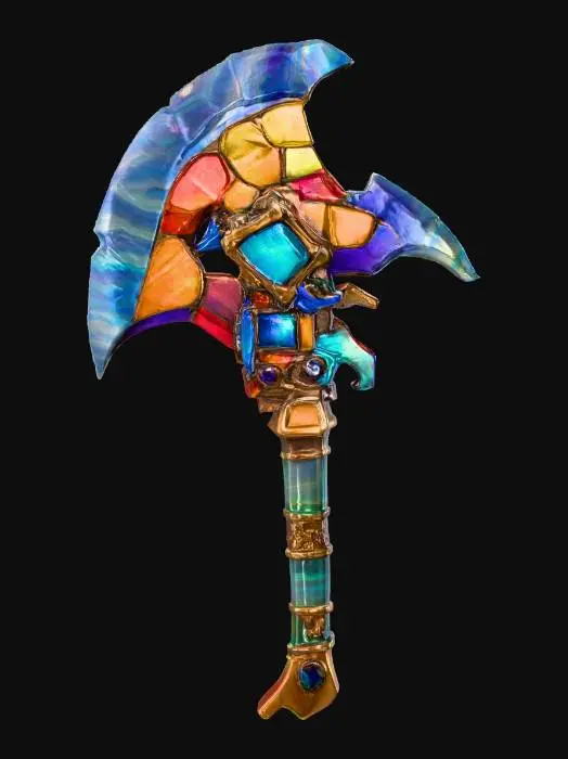 3D model for A war axe. It is made from intensely colored rainbow stained glass. The surface is a chaotic yet cohesive assemblage, feeling both cool and rough to the touch due to the exposed, sharp edges of the glass. the segmented construction gives it a formidable, almost crystalline opal appearance, reflecting light dramatically.