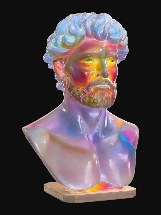 3D model for A statue of david, crafted from large, angular fragments of intensely colored rainbow stained glass. The surface is a chaotic yet cohesive assemblage, feeling both cool and rough to the touch due to the exposed, sharp edges of the glass. Its eyes are deep, glowing orbs, and the segmented construction gives it a formidable, almost crystalline appearance, reflecting light dramatically.