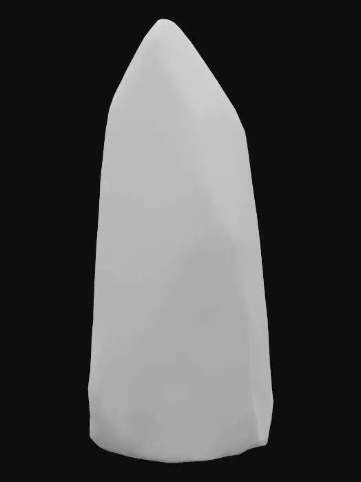 3D model for An elongated, shard-like crystal, appearing to be freshly cleaved with naturally smooth, almost slick surfaces. This exquisite gemstone showcases a milky, translucent quality, allowing for an internal glow that emanates a full spectrum of radiant, opalescent hues. Fine, hair-thin internal veins catch and refract light, enhancing the shifting rainbow effect that dances across its pointed ends and along its subtly ridged edges.