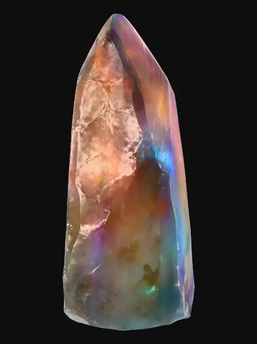 3D model for An elongated, shard-like crystal, appearing to be freshly cleaved with naturally smooth, almost slick surfaces. This exquisite gemstone showcases a milky, translucent quality, allowing for an internal glow that emanates a full spectrum of radiant, opalescent hues. Fine, hair-thin internal veins catch and refract light, enhancing the shifting rainbow effect that dances across its pointed ends and along its subtly ridged edges.