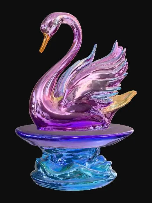 3D model for a shiny modern art piece swan on a pond themed pedestal, made of carnival glass, abstract 