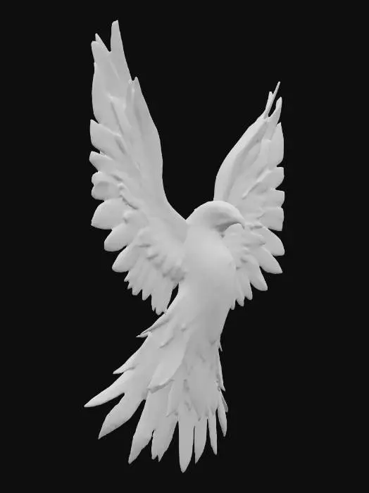 3D model for A majestic, abstract rendition of a soaring bird or celestial entity, its wings expansive and arcing. The sculpture's surface is entirely covered in meticulously sculpted, overlapping metallic scales, each polished to a mirror-like shine. These scales are individually treated to create a highly stylized texture that shifts from deep bronze to iridescent violet, reflecting light in a kaleidoscopic dance, giving the piece a powerful, shimmering, and ethereal presence.