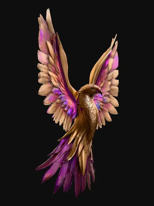 3D model for A majestic, abstract rendition of a soaring bird or celestial entity, its wings expansive and arcing. The sculpture's surface is entirely covered in meticulously sculpted, overlapping metallic scales, each polished to a mirror-like shine. These scales are individually treated to create a highly stylized texture that shifts from deep bronze to iridescent violet, reflecting light in a kaleidoscopic dance, giving the piece a powerful, shimmering, and ethereal presence.