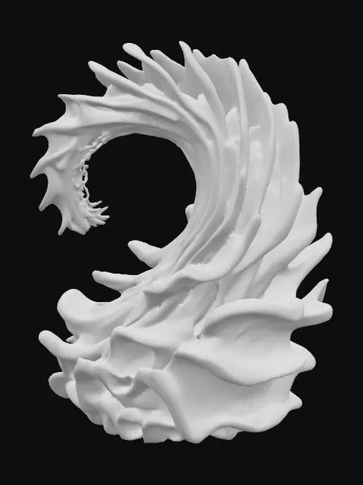 3D model for A dynamic sculpture capturing the essence of a powerful ocean wave, frozen mid-crest, yet rendered with abstract, sweeping lines. Its surface boasts a unique, highly stylized texture resembling countless microscopic facets, each polished to an exceptional, glassy shine. This causes light to shatter and refract across the form, creating a brilliant, perpetually "wet" look that makes the deep blue-green metal shimmer with an intense, captivating luminosity.