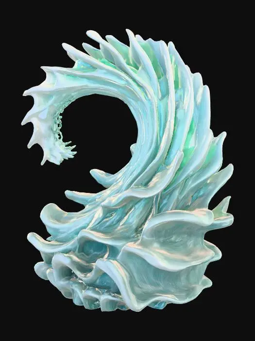 3D model for A dynamic sculpture capturing the essence of a powerful ocean wave, frozen mid-crest, yet rendered with abstract, sweeping lines. Its surface boasts a unique, highly stylized texture resembling countless microscopic facets, each polished to an exceptional, glassy shine. This causes light to shatter and refract across the form, creating a brilliant, perpetually "wet" look that makes the deep blue-green metal shimmer with an intense, captivating luminosity.