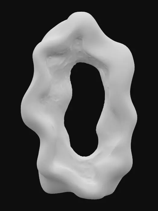 3D model for This large-scale sculpture presents an intricate, abstract geometric form, subtly suggesting an open portal or an intertwined architectural archway. It is constructed from highly polished, obsidian-like black material, embedded with a dense network of thin, reflective silver threads that crisscross its many facets. This unique texture creates a striking contrast, offering a profound, deep shine that sparkles with geometric precision and reflects light as a sophisticated, glowing web.