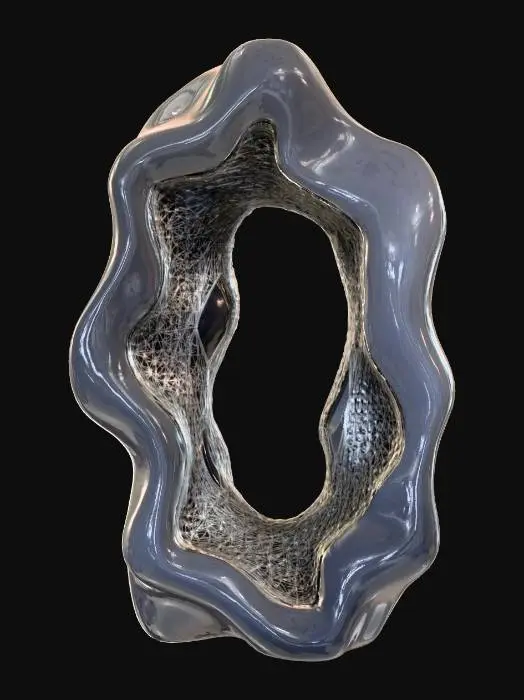 3D model for This large-scale sculpture presents an intricate, abstract geometric form, subtly suggesting an open portal or an intertwined architectural archway. It is constructed from highly polished, obsidian-like black material, embedded with a dense network of thin, reflective silver threads that crisscross its many facets. This unique texture creates a striking contrast, offering a profound, deep shine that sparkles with geometric precision and reflects light as a sophisticated, glowing web.