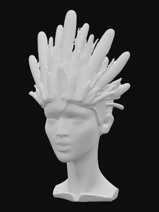 3D model for An avant-garde headdress, reminiscent of a fantastical deep-sea creature. It's constructed from lightweight, flexible bio-luminescent polymers, forming a series of interconnected, smooth, fin-like structures that arc dramatically upwards. The surface boasts a slick, almost wet texture, with a high-gloss finish. Internally, a network of embedded micro-LEDs pulses with brilliant, electric cyan and emerald greens, creating an otherworldly, glowing shine that shifts with every movement.