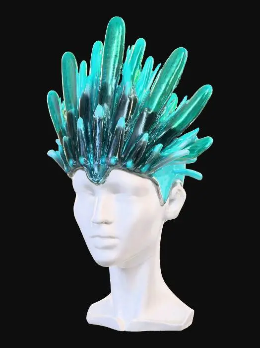 3D model for An avant-garde headdress, reminiscent of a fantastical deep-sea creature. It's constructed from lightweight, flexible bio-luminescent polymers, forming a series of interconnected, smooth, fin-like structures that arc dramatically upwards. The surface boasts a slick, almost wet texture, with a high-gloss finish. Internally, a network of embedded micro-LEDs pulses with brilliant, electric cyan and emerald greens, creating an otherworldly, glowing shine that shifts with every movement.