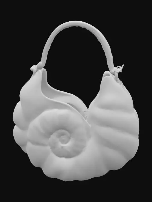 3D model for A luxurious, abstract handbag, shaped like a perfectly formed nautilus shell, but exaggerated in scale. It is crafted from individually hand-cut and polished panels of iridescent abalone shell, meticulously joined to form its spiraling structure. The surface is incredibly smooth and cool to the touch, with a profound, multi-hued mother-of-pearl shine that shifts from rose-pink to deep green with every angle, creating a captivating, natural luster.