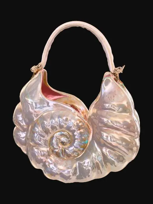3D model for A luxurious, abstract handbag, shaped like a perfectly formed nautilus shell, but exaggerated in scale. It is crafted from individually hand-cut and polished panels of iridescent abalone shell, meticulously joined to form its spiraling structure. The surface is incredibly smooth and cool to the touch, with a profound, multi-hued mother-of-pearl shine that shifts from rose-pink to deep green with every angle, creating a captivating, natural luster.