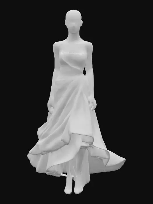 3D model for A stylized woman mannequin, crafted from a matte, almost invisible material, stands poised. Encircling her form is a powerful, yet artfully controlled, real wave, meticulously shaped to resemble a voluminous, structured dress. The water possesses a weighty, solid-like appearance, yet hints at its liquid nature with subtle ripples. Its color palette is a magnificent spectrum, with dense, dark sapphire pooling in its folds and vibrant, almost electric cyan highlighting the wave's crests and outer edges.