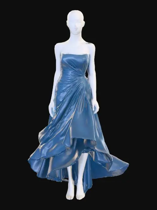 3D model for A stylized woman mannequin, crafted from a matte, almost invisible material, stands poised. Encircling her form is a powerful, yet artfully controlled, real wave, meticulously shaped to resemble a voluminous, structured dress. The water possesses a weighty, solid-like appearance, yet hints at its liquid nature with subtle ripples. Its color palette is a magnificent spectrum, with dense, dark sapphire pooling in its folds and vibrant, almost electric cyan highlighting the wave's crests and outer edges.