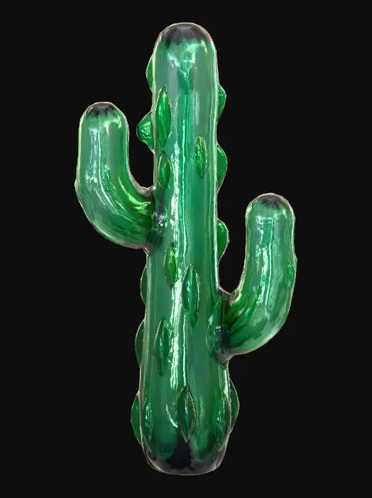 3D model for An imposing glass sculpture, abstractly resembling a towering crystal cactus. Its form is composed of numerous thick, multi-faceted paddles of deep emerald green glass, intricately fused together. Each paddle features smooth, highly polished surfaces with sharp yet safely rounded edges, creating a brilliant, reflective shine. The glass feels cool and substantial, some sections subtly sandblasted to provide a diffused, frosted texture, mimicking the plant's spines and adding visual depth.