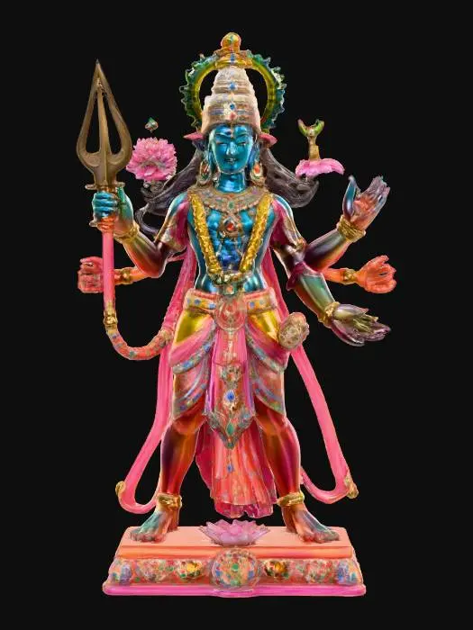 3D model for An indra god statue with many arms, psychedelic glass colorscheme