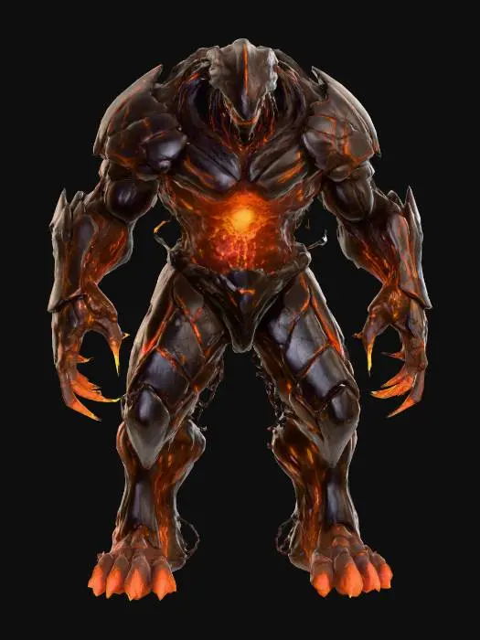 3D model for Ancient alien titan; towering, hulking posture; body made of cracked obsidian-like plates and twisted root-like structures; glowing orange core embedded in chest; molten light pulses from joints and clawed fingers; head is draconic and ridged, with no visible eyes; emits low vibration as it moves; born from the core of a dead world; radiates heat and ancient power; extremely detailed; high sharp resolution texture; hyperrealistic; epic stance