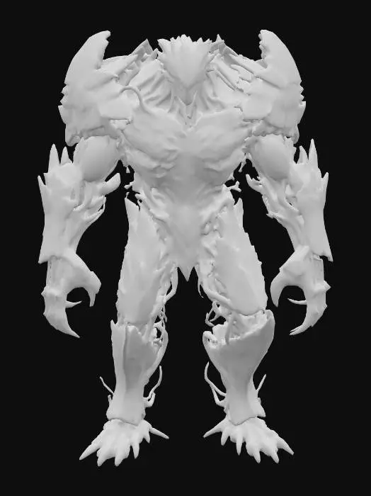 3D model for Ancient alien titan; towering, hulking posture; body made of cracked obsidian-like plates and twisted root-like structures; glowing orange core embedded in chest; molten light pulses from joints and clawed fingers; head is draconic and ridged, with no visible eyes; emits low vibration as it moves; born from the core of a dead world; radiates heat and ancient power; extremely detailed; high sharp resolution texture; hyperrealistic; epic stance