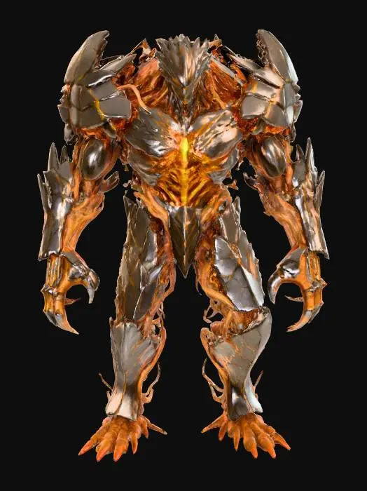 3D model for Ancient alien titan; towering, hulking posture; body made of cracked obsidian-like plates and twisted root-like structures; glowing orange core embedded in chest; molten light pulses from joints and clawed fingers; head is draconic and ridged, with no visible eyes; emits low vibration as it moves; born from the core of a dead world; radiates heat and ancient power; extremely detailed; high sharp resolution texture; hyperrealistic; epic stance