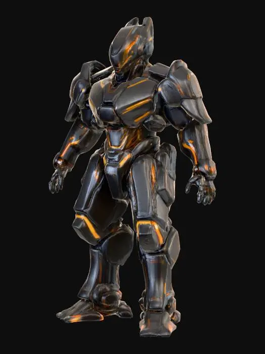 3D model for A futuristic military outpost building inspired by sleek, high-tech robotics. The structure features smooth, metallic surfaces with angular plate-like architecture, resembling futuristic armor. Accents of glowing orange emissive lines run along structural seams and edges, echoing cybernetic design. The exterior is fortified yet elegant, with a streamlined, tactical look. High-tech panels, integrated glowing vents, and reinforced materials emphasize advanced defense systems. The design is clean, symmetrical, and powerful — evoking the silhouette of a humanoid mech or robotic soldier. Full view, white background, sharp lighting, concept art style.