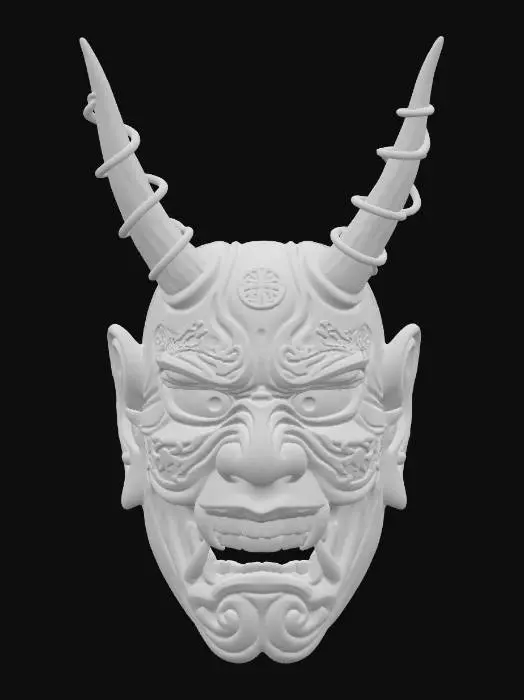 3D model for a japanese gods mask, hyper realistic, ancient, mythic, with horns Samurai, golden, godly aura, holy vibes, 