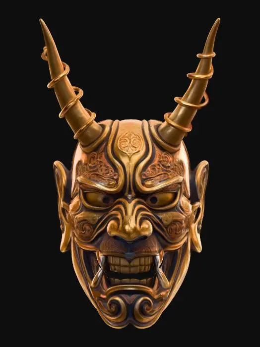 3D model for a japanese gods mask, hyper realistic, ancient, mythic, with horns Samurai, golden, godly aura, holy vibes, 