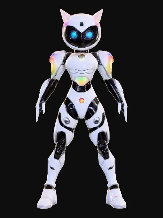3D model for A cute Protogen character with no tail. A-Pose. cybernetic shiny white futuristic highly detailed layered, armor with subtle rainbow glowing highlights seen in the cracks and areas between the armor pieces.  Transhumanist style. A-Pose.