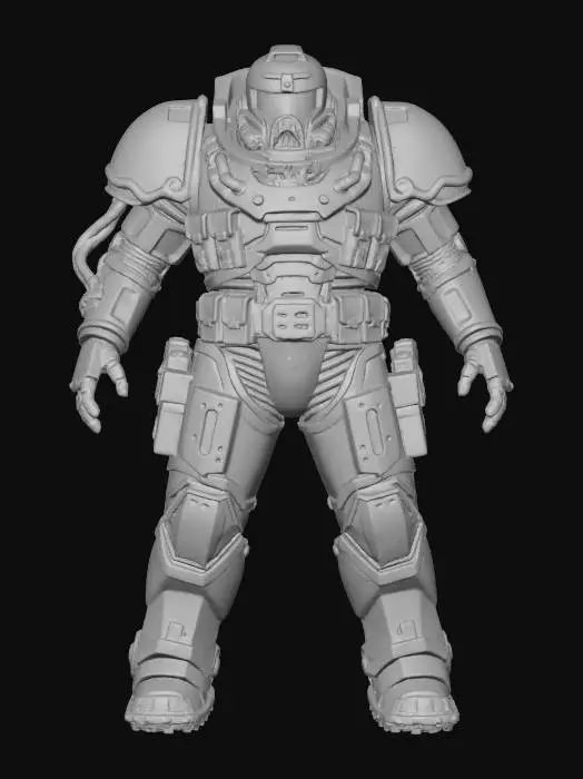 3D model for A battle-hardened space marine stands in a powerful A-pose, legs shoulder-width apart, arms held slightly out. Their bulky power armor is composed of interlocking segments of matte charcoal-gray plating, accented with bright orange warning stripes and visible hydraulic pistons at the joints, hinting at a robust, industrial texture. The helmet's visor is a dark, reflective black, obscuring facial features. Numerous functional pouches and exposed wiring are integrated, adding to its complex, utilitarian form.