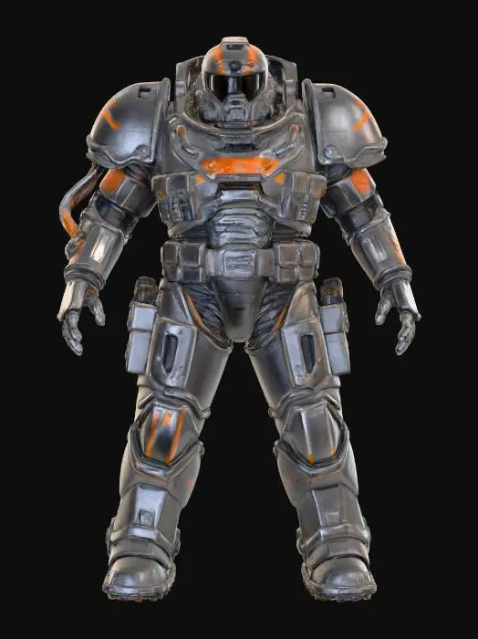 3D model for A battle-hardened space marine stands in a powerful A-pose, legs shoulder-width apart, arms held slightly out. Their bulky power armor is composed of interlocking segments of matte charcoal-gray plating, accented with bright orange warning stripes and visible hydraulic pistons at the joints, hinting at a robust, industrial texture. The helmet's visor is a dark, reflective black, obscuring facial features. Numerous functional pouches and exposed wiring are integrated, adding to its complex, utilitarian form.