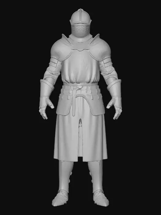 3D model for A stoic medieval knight stands in a confident A-pose, arms slightly angled away from their sides, legs together. Their entire form is encased in meticulously crafted, polished steel plate armor, exhibiting a gleaming, reflective surface with subtle hammering textures. Intricate filigree is etched along the pauldrons and gauntlets, revealing a darker, oxidized metal beneath. A heavy, fabric surcoat of deep crimson, embroidered with a golden lion crest, drapes over the chest plate, showing fine, tight stitching.