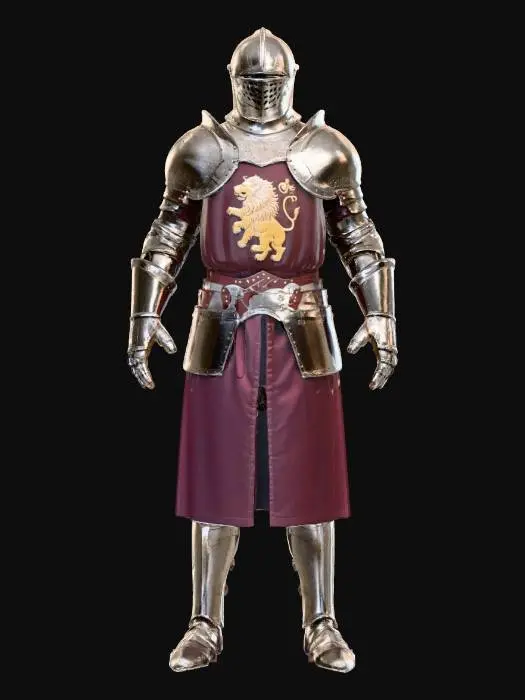 3D model for A stoic medieval knight stands in a confident A-pose, arms slightly angled away from their sides, legs together. Their entire form is encased in meticulously crafted, polished steel plate armor, exhibiting a gleaming, reflective surface with subtle hammering textures. Intricate filigree is etched along the pauldrons and gauntlets, revealing a darker, oxidized metal beneath. A heavy, fabric surcoat of deep crimson, embroidered with a golden lion crest, drapes over the chest plate, showing fine, tight stitching.