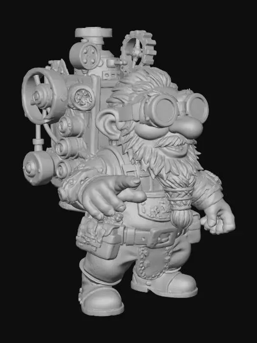 3D model for A gnome artificer crouches low, one hand outstretched to trigger a fantastical, whirring contraption strapped to their back. Their small body is clad in practical, grease-stained leather overalls, adorned with numerous tiny pouches and cogs, suggesting a gritty, metallic texture. A pair of oversized, brass-rimmed goggles sits perched on their forehead, reflecting a glint of light. Their expression is one of intense concentration and mischievous delight.