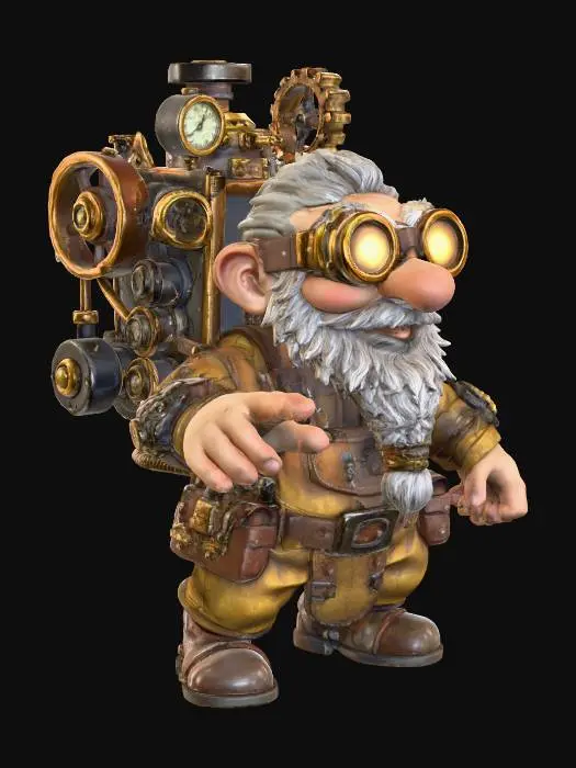 3D model for A gnome artificer crouches low, one hand outstretched to trigger a fantastical, whirring contraption strapped to their back. Their small body is clad in practical, grease-stained leather overalls, adorned with numerous tiny pouches and cogs, suggesting a gritty, metallic texture. A pair of oversized, brass-rimmed goggles sits perched on their forehead, reflecting a glint of light. Their expression is one of intense concentration and mischievous delight.