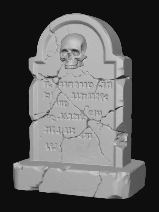 3D model for An ancient, weather-beaten gravestone stands upright, crafted from dark gray, coarse-grained stone. Its surface is heavily eroded and cracked, displaying patches of moss and faint, almost illegible carved text or a skull emblem. The edges are chipped and irregular, giving it a rough, crumbling texture. The top is rounded, and the base is wider, suggesting it's partially sunken into unseen ground, conveying a sense of age.