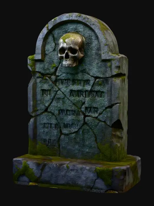 3D model for An ancient, weather-beaten gravestone stands upright, crafted from dark gray, coarse-grained stone. Its surface is heavily eroded and cracked, displaying patches of moss and faint, almost illegible carved text or a skull emblem. The edges are chipped and irregular, giving it a rough, crumbling texture. The top is rounded, and the base is wider, suggesting it's partially sunken into unseen ground, conveying a sense of age.