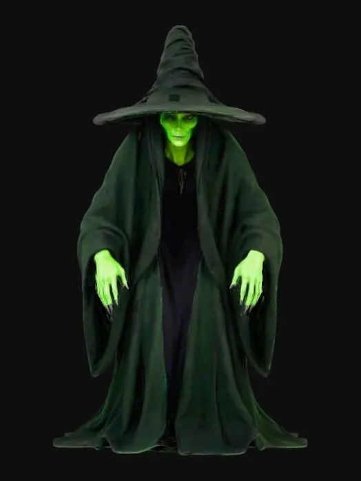 3D model for A menacing witch, hunched over, is draped in a voluminous, dark charcoal-gray robe made of heavy, coarse wool. The thick fabric falls in deep, jagged folds, creating a looming silhouette and suggesting a rough, scratchy texture. Her gaunt face, partially obscured by the shadow of a wide, pointed hat, reveals sharp cheekbones and a sneering, almost toothless expression. Her bony, aged hands with long, gnarled fingers are poised low and open, adding to her sinister, bent posture.