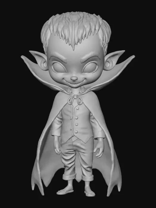 3D model for A chibi-style vampire with exaggerated fangs and a mischievous grin, dressed in a miniature, tattered black cape with a crimson satin lining. Its pale, smooth skin has subtle veins, contrasting with sharp, gleaming red eyes. The tiny body is structured with delicate limbs, and the cape's fabric shows fine, almost velvety texture despite its worn appearance, casting a playful, eerie shadow. #Halloween2025#