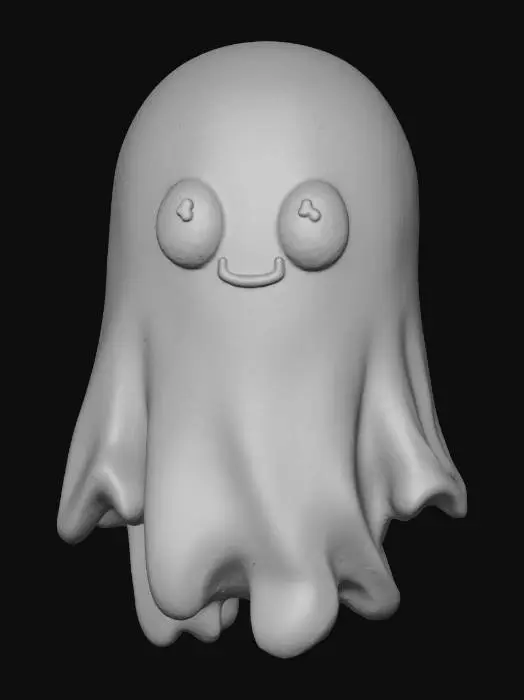 3D model for A cute yet eerie chibi ghost, translucent and ethereal with soft, flowing white fabric-like textures that billow gently. Its large, round, glowing blue eyes pierce through the semi-transparent form, and a tiny, almost cartoonish frown hints at playful sorrow. The structure is simple, balloon-like, suggesting weightlessness, with subtle shimmering threads giving it an otherworldly quality. #Halloween2025#
