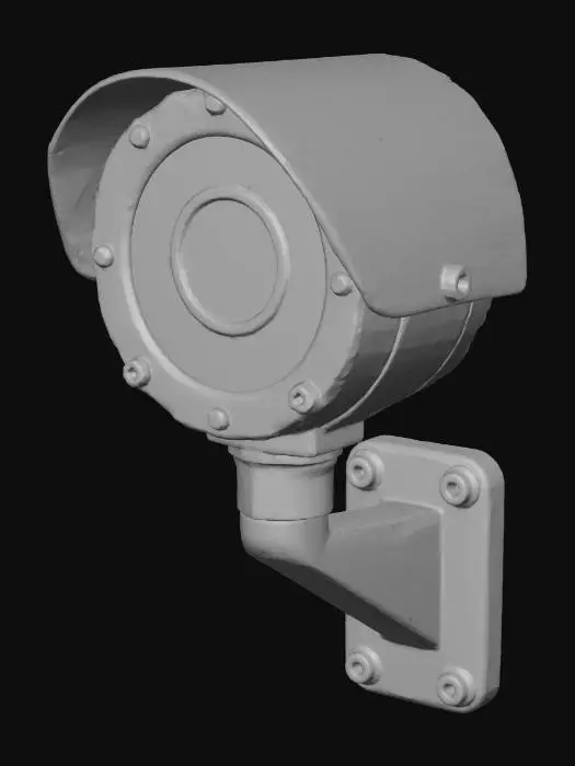 3D model for A retro, fixed-lens security camera, its spherical metal body painted a dull, scratched grey, mounted on a rusted, angular bracket. A single, unsettlingly bright red LED eye glows persistently, even when seemingly off. The lens is opaque with dirt, and the metal surface is coarse and corroded, giving it a heavy, industrial feel, embodying a constant, silent surveillance. #Halloween22025#