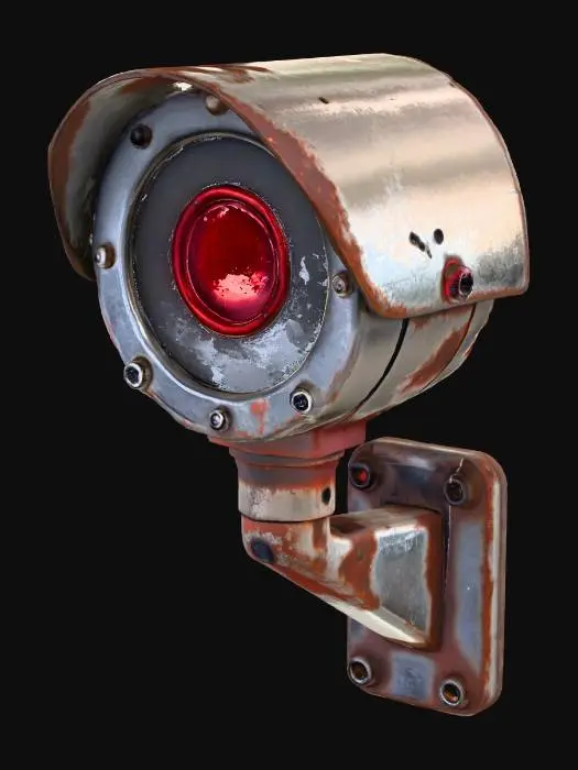 3D model for A retro, fixed-lens security camera, its spherical metal body painted a dull, scratched grey, mounted on a rusted, angular bracket. A single, unsettlingly bright red LED eye glows persistently, even when seemingly off. The lens is opaque with dirt, and the metal surface is coarse and corroded, giving it a heavy, industrial feel, embodying a constant, silent surveillance. #Halloween22025#