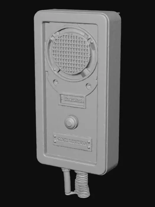 3D model for A wall-mounted, industrial-style intercom unit, its beige plastic casing yellowed and chipped, with a dented metal speaker grille. A single, illuminated button, labeled "EMERGENCY," flickers erratically, and a faint, distorted buzz emanates from within. The plastic feels cheap and thin, while the grille's metal is sharp and cold, suggesting urgent, unheard warnings. #Halloween2025#
