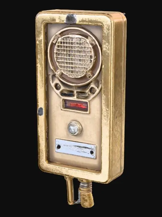 3D model for A wall-mounted, industrial-style intercom unit, its beige plastic casing yellowed and chipped, with a dented metal speaker grille. A single, illuminated button, labeled "EMERGENCY," flickers erratically, and a faint, distorted buzz emanates from within. The plastic feels cheap and thin, while the grille's metal is sharp and cold, suggesting urgent, unheard warnings. #Halloween2025#