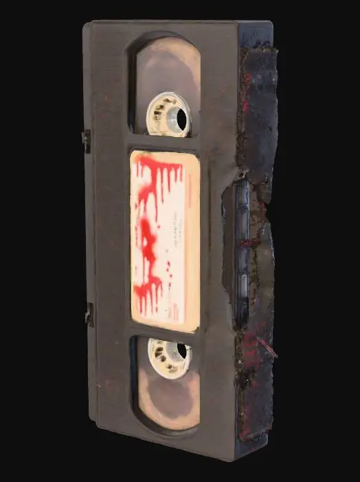 3D model for A grimy, forgotten VHS tape, its black plastic shell scratched and peeling, with a faded, handwritten label scrawled with ominous, smudged red ink reading "DO NOT PLAY." The tape's structure is standard, but a corner is conspicuously snapped off, and a few strands of dark magnetic tape are visibly unraveling from the bottom, possessing a stiff, yet fragile texture. #Halloween2025#