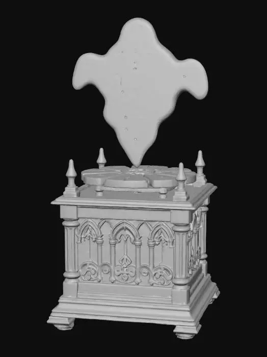 3D model for #Halloween2025#, A "Ghost-in-the-Shell" creature: an antique Victorian music box, intricately carved from dark, polished wood, but instead of playing music, its rotating mechanism projects a shimmering, holographic specter. The ghost itself is a swirling vortex of green and purple plasma, subtly revealing geometric circuits within its form, creating an eerie blend of antiquated mysticism and futuristic haunting. #Halloween2025#