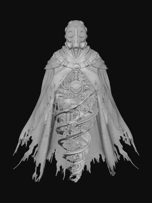 3D model for #Halloween2025#, A "Steam-Punk Wraith" creature: a swirling, ethereal mist forms the body of a classic wraith, but within its translucent form, intricate brass gears and copper pipes are visible, subtly rotating and emitting faint wisps of steam. Its spectral face is framed by a stylized gas mask, blending otherworldly dread with industrial age machinery. #Halloween2025#