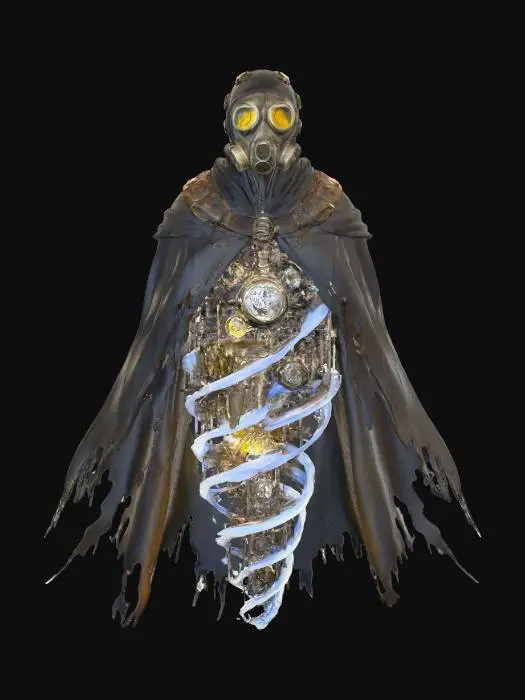 3D model for #Halloween2025#, A "Steam-Punk Wraith" creature: a swirling, ethereal mist forms the body of a classic wraith, but within its translucent form, intricate brass gears and copper pipes are visible, subtly rotating and emitting faint wisps of steam. Its spectral face is framed by a stylized gas mask, blending otherworldly dread with industrial age machinery. #Halloween2025#