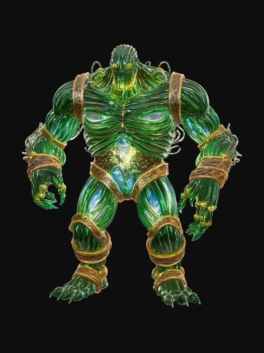 3D model for An "Alchemical Golem" creature: a hulking, humanoid form constructed from shimmering, dark green laboratory glass tubing filled with bubbling, iridescent fluids. Its internal "organs" are visible, glowing with chemical reactions, and its joints are sealed with intricate bronze clamps, blending medieval alchemy with fragile, dangerous scientific artifice. #Halloween2025#